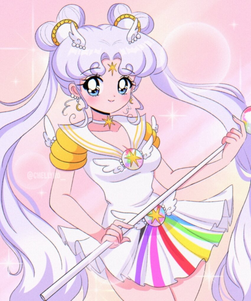 1990s_(style) 1girl absurdres bishoujo_senshi_sailor_moon bishoujo_senshi_sailor_moon_stars blue_eyes blush breasts brooch bubble_background chellyko choker cleavage collarbone crescent crescent_earrings double_bun dress earrings facial_mark forehead_mark grey_hair hair_bun hair_ornament highres holding jewelry long_hair looking_at_viewer pink_background rainbow retro_artstyle sailor_cosmos short_sleeves small_breasts smile sparkle staff standing twintails white_dress wing_hair_ornament