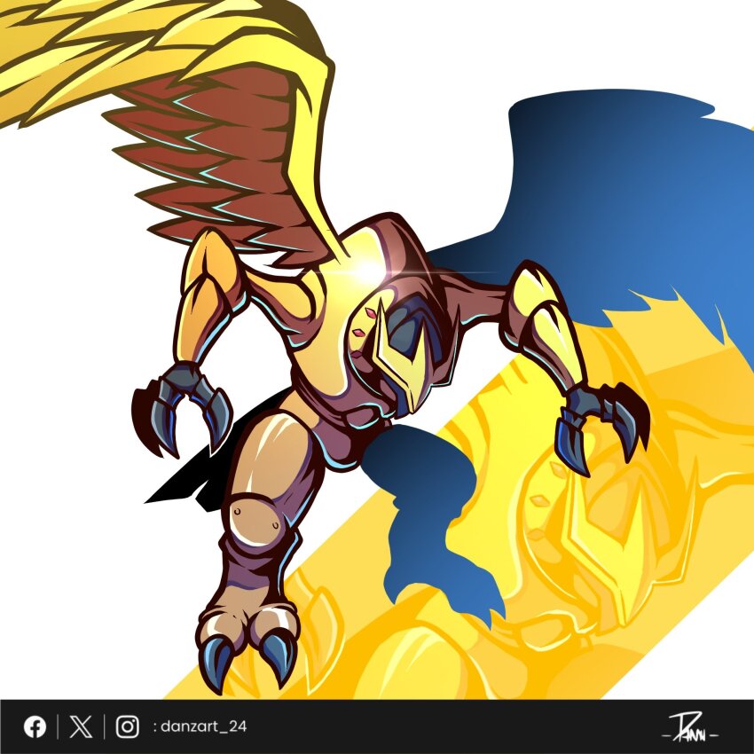 armor artist_name beak bird crossmon danzart_24 digimon digimon_(creature) gold_armor helmet highres no_humans simple_background solo_focus talons white_background yellow_wings zoom_layer