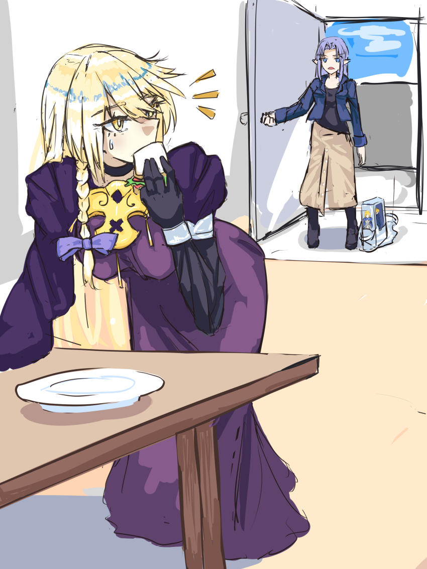2girls absurdres arciel_(nijuyon_zen) artoria_pendragon_(fate) artoria_pendragon_(lancer_alter)_(fate) black_gloves blonde_hair blue_eyes blue_hair braid breasts brown_skirt casual character_doll choker cosplay doll dress eating fate/grand_order fate/hollow_ataraxia fate_(series) figure food gloves hair_between_eyes highres holding jacket large_breasts long_hair long_sleeves medea_(caster)_(fate) medea_(caster)_(fate)_(cosplay) medea_(casual_wear)_(fate) medea_(fate) multiple_girls official_alternate_costume pointy_ears purple_dress saber_(fate) sandwich side_braid sidelocks skirt sweatdrop yellow_eyes