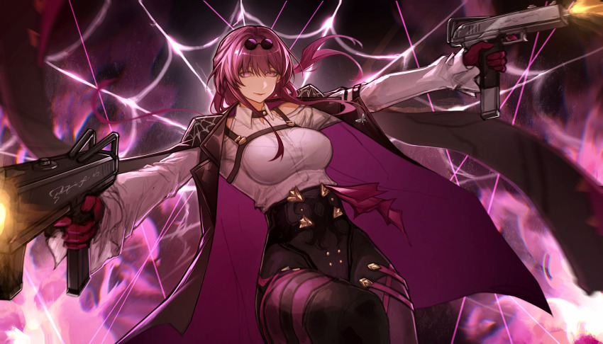 1girl absurdres black_jacket black_shorts boots breasts cleavage_cutout clothing_cutout collared_shirt commentary cowboy_shot deka_yo dual_wielding english_commentary eyewear_on_head firing floating_hair glasses gun hair_between_eyes high-waist_shorts highres holding holding_gun holding_weapon honkai:_star_rail honkai_(series) jacket kafka_(honkai:_star_rail) large_breasts long_hair looking_at_viewer mac-10/11 open_clothes open_jacket pantyhose pantyhose_under_shorts pince-nez purple_eyes purple_hair purple_pantyhose round_eyewear shirt shorts silk single_thigh_boot smile solo spider_web spider_web_print submachine_gun sunglasses thigh_boots weapon white_shirt