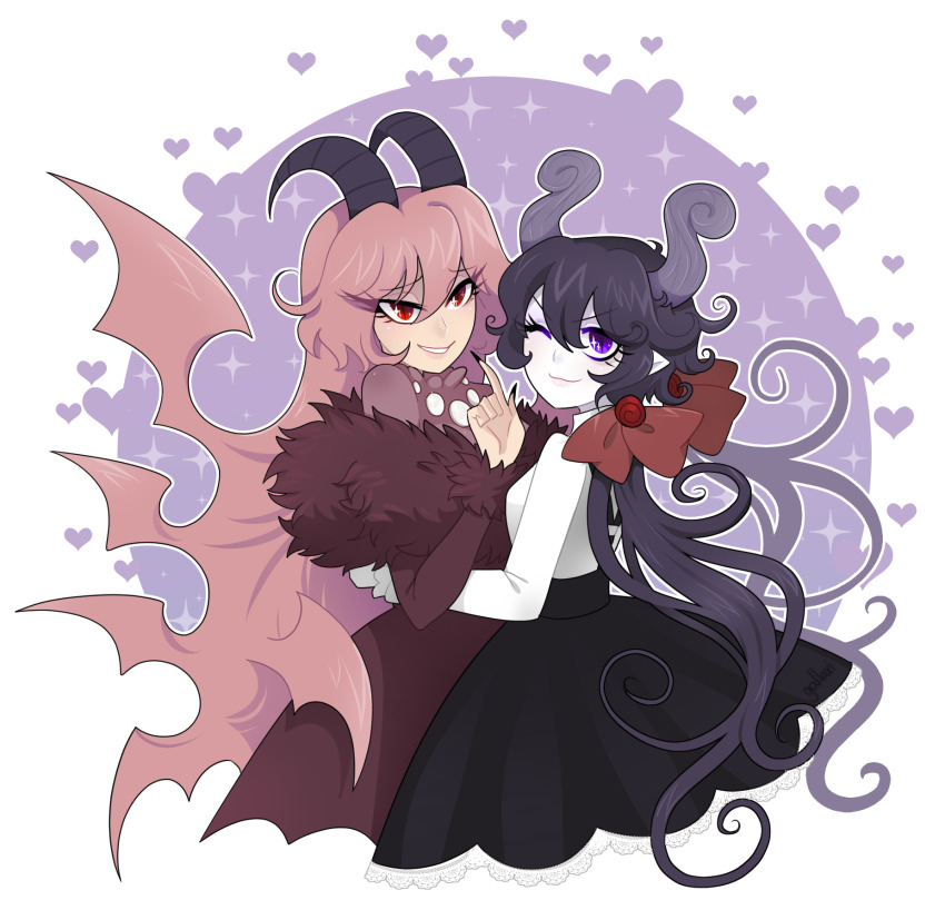 2girls bat_wings black_dress black_hair breasts demon_girl demon_horns demon_wings dress funamusea gallaxi genderswap genderswap_(mtf) highres horns large_breasts lil_(funamusea) long_hair low_twintails multiple_girls pink_hair red_eyes satanick_(funamusea) twintails wings