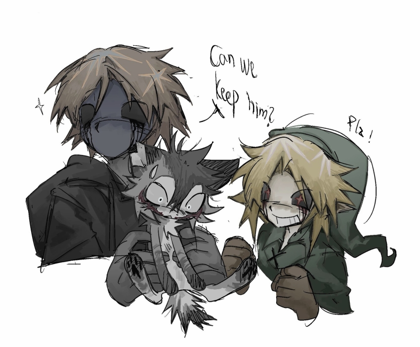 2boys animalization ben_drowned black_hoodie blonde_hair blood blood_on_face bloody_tears brown_gloves cat chinese_commentary commentary_request creepypasta curtained_hair drawstring english_text eyeless_jack gloves green_hat green_shirt grey_gloves grin hat highres hood hood_down hoodie jeff_the_killer link male_focus multiple_boys nintendo parted_bangs pointy_ears shirt short_hair smile sparkle sweatdrop the_legend_of_zelda xiboliya_suanxing_shengwu