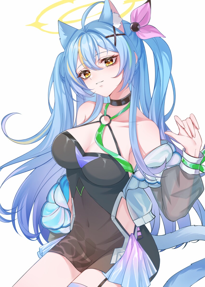 1girl absurdres ahoge animal bad_tag breasts cat choker cleavage cybermyth dress fluff from_side halo highres jacket navel o-ring rebellion_godsoul ribbon see-through_clothes solo streaked tail thighhighs two virtual