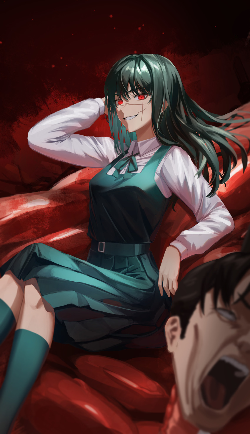 1girl absurdres black_hair blood breasts chainsaw_man collared_shirt dress dust_(mth) facial_scar head highres long_hair long_sleeves looking_at_viewer neck_ribbon open_mouth pinafore_dress red_eyes ribbon ringed_eyes scar scar_on_cheek scar_on_face school_uniform shirt simple_background sleeveless sleeveless_dress smile solo sword tanaka_(chainsaw_man) weapon white_shirt yoru_(chainsaw_man)
