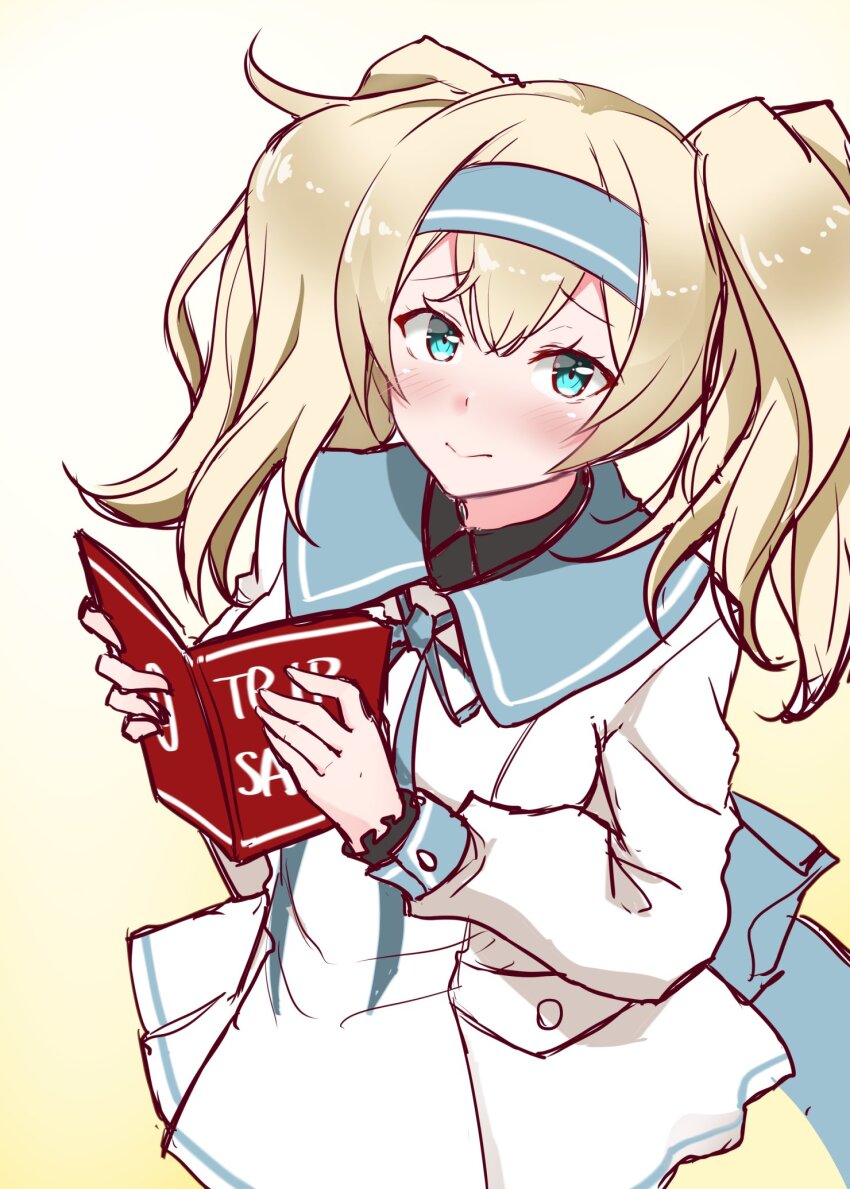 1girl aqua_neckerchief blonde_hair blue_eyes blue_hairband blue_sailor_collar blush book cowboy_shot dress gambier_bay_(kancolle) gambier_bay_(sasebo)_(kancolle) hair_between_eyes hairband highres holding holding_map kantai_collection kirigakure_(kirigakure_tantei_jimusho) long_hair looking_at_viewer map map_(object) neckerchief official_alternate_costume sailor_collar sailor_dress solo twintails