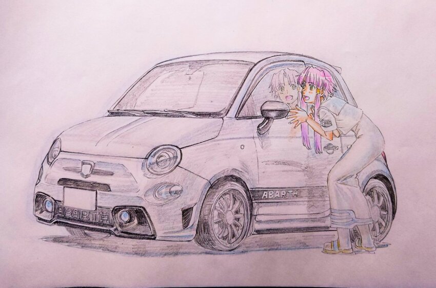1girl :d abarth aria_(manga) aria_company_uniform blush car cwind dress fiat_500 fiat_500_abarth hair_tubes impossible_clothes impossible_dress leaning_forward long_dress mizunashi_akari motor_vehicle open_mouth pink_hair reflection sailor_collar short_hair_with_long_locks short_sleeves simple_background smile solo traditional_media vehicle_focus white_dress white_footwear