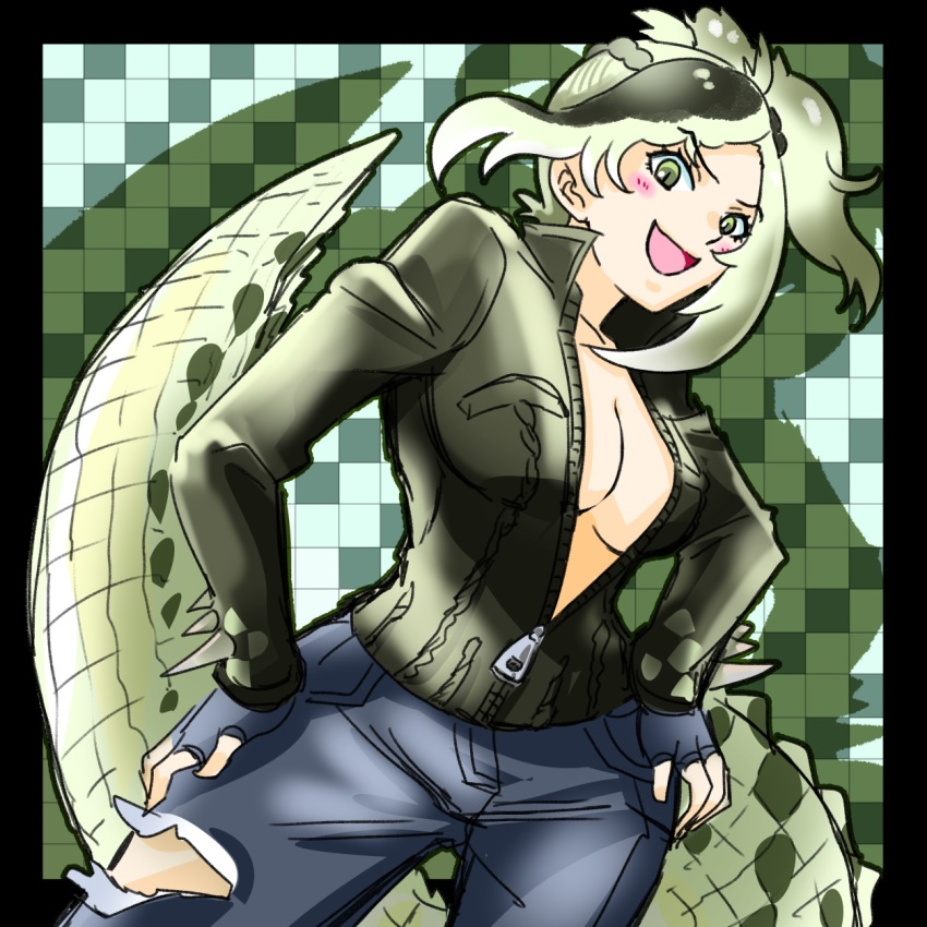 1girl asymmetrical_hair black_border blue_gloves blue_pants blush border breast_pocket breasts checkered_background chiffon collared_jacket cowboy_shot crocodilian_tail denim fingerless_gloves gloves green_eyes green_hair green_jacket hands_on_own_hips high_collar high_ponytail highres jacket jeans kemono_friends leaning_to_the_side long_hair long_sleeves looking_at_viewer medium_breasts multicolored_hair open_mouth outside_border pants partially_unzipped pocket ponytail saltwater_crocodile_(kemono_friends) sketch slit_pupils smile solo spikes tail torn_clothes torn_jeans torn_pants twisted_torso zipper_pull_tab