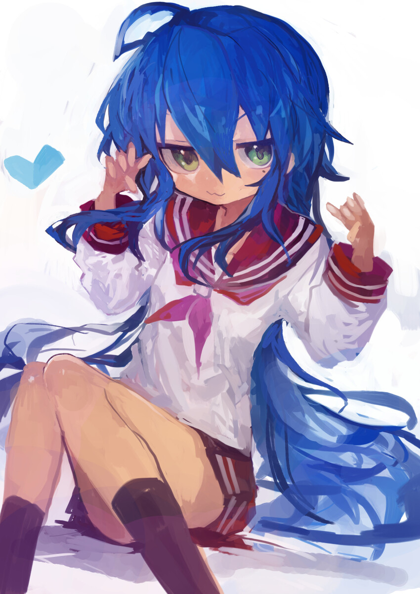 1girl :3 absurdres ahoge black_socks blue_hair commentary green_eyes hair_between_eyes heart highres izumi_konata kaamin_(mariarose753) kneehighs long_hair long_sleeves looking_at_viewer lucky_star mole mole_under_eye neckerchief pleated_skirt red_neckerchief red_sailor_collar red_skirt ryouou_school_uniform sailor_collar school_uniform serafuku simple_background sitting skirt socks solo very_long_hair white_background