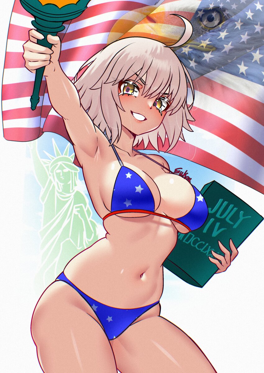 1girl absurdres ahoge american_flag american_flag_print armpits bikini bird blue_bikini book breasts eagle fate/grand_order fate_(series) flag_print fourth_of_july fukou hand_up highres holding holding_book holding_torch jeanne_d&#039;arc_alter_(avenger)_(fate) jeanne_d&#039;arc_alter_(fate) looking_at_viewer navel short_hair smile solo star_(symbol) statue_of_liberty swimsuit torch white_hair yellow_eyes