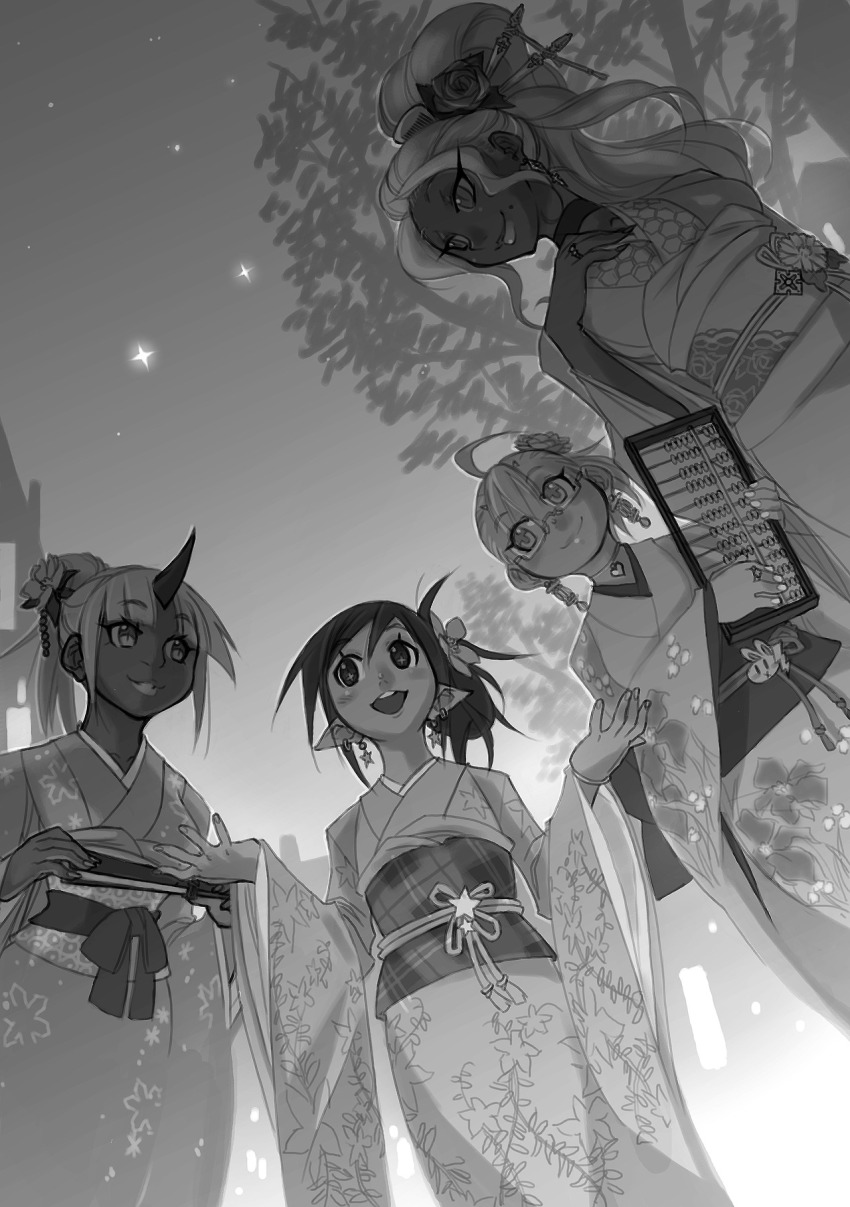 00s 4girls abacus ahoge alternate_hairstyle ari_laharis basilisk choker commentary crybringer dark_elf dark_skin dark-skinned_female demon_mages dutch_angle earrings elf floral_print flower glasses hair_bun hair_flower hair_ornament highres horns japanese_clothes jewelry kimono long_hair monochrome multiple_girls obi pointy_ears ponytail sash semi-rimless_eyewear short_hair side_ponytail single_horn smile tara_olphoros tess_tesryon under-rim_eyewear wide_sleeves ziggy_kakziga