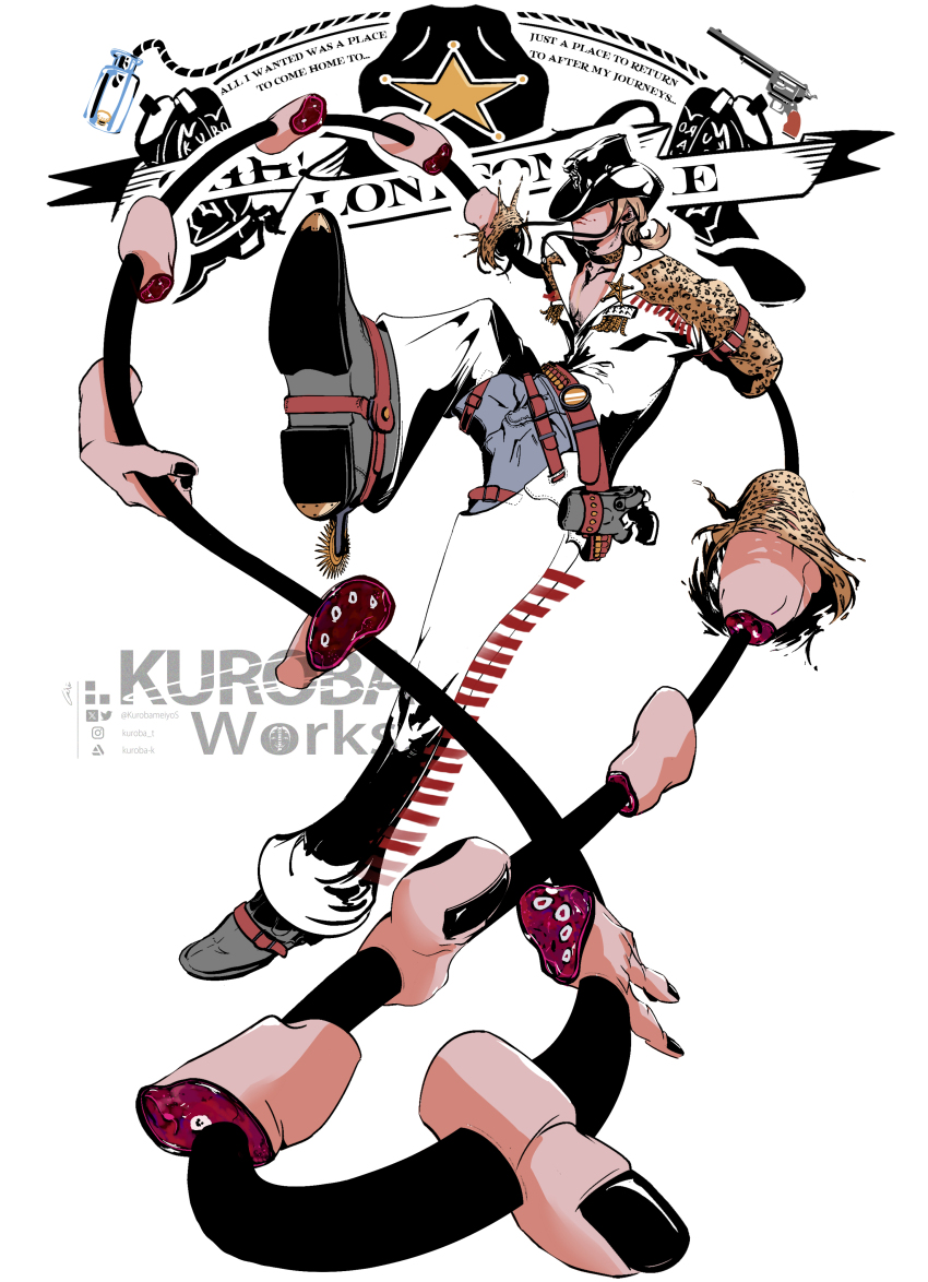 1boy absurdres animal_print belt black_hat black_nails blonde_hair blue_pants boots brown_belt character_name cowboy_hat crotchless crotchless_pants grey_boots gun handgun hat hat_over_eyes highres holster jojo_no_kimyou_na_bouken kurobameiyos lasso leopard_print male_focus mountain_tim oh!_lonesome_me_(stand) pants revolver shirt solo spurs stand_(jojo) star_ornament steel_ball_run two-tone_pants weapon white_pants white_shirt