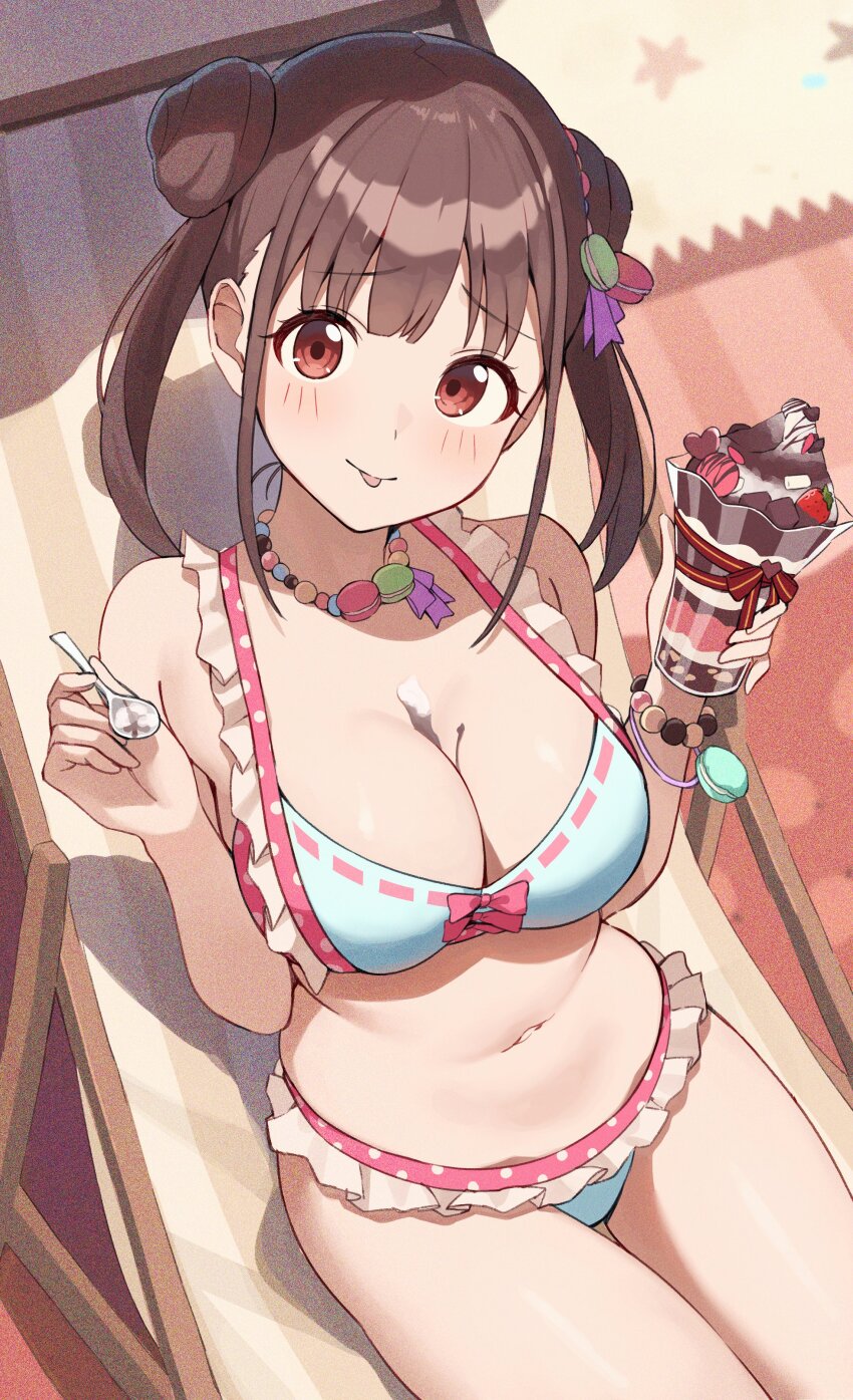 1girl absurdres beach_chair bead_bracelet beads between_breasts bikini blush bow bow_bikini bracelet breasts brown_hair cleavage cream cup double_bun drinking_glass food-themed_hair_ornament food-themed_necklace frilled_bikini frills hair_bun hair_ornament hands_up highres holding holding_cup holding_spoon idolmaster idolmaster_shiny_colors jewelry large_breasts looking_at_viewer macaron_hair_ornament navel polka_dot polka_dot_bikini red_bow red_eyes solo sonoda_chiyoko spoon stomach swimsuit thighs tongue tongue_out twintails wanimaru white_bikini