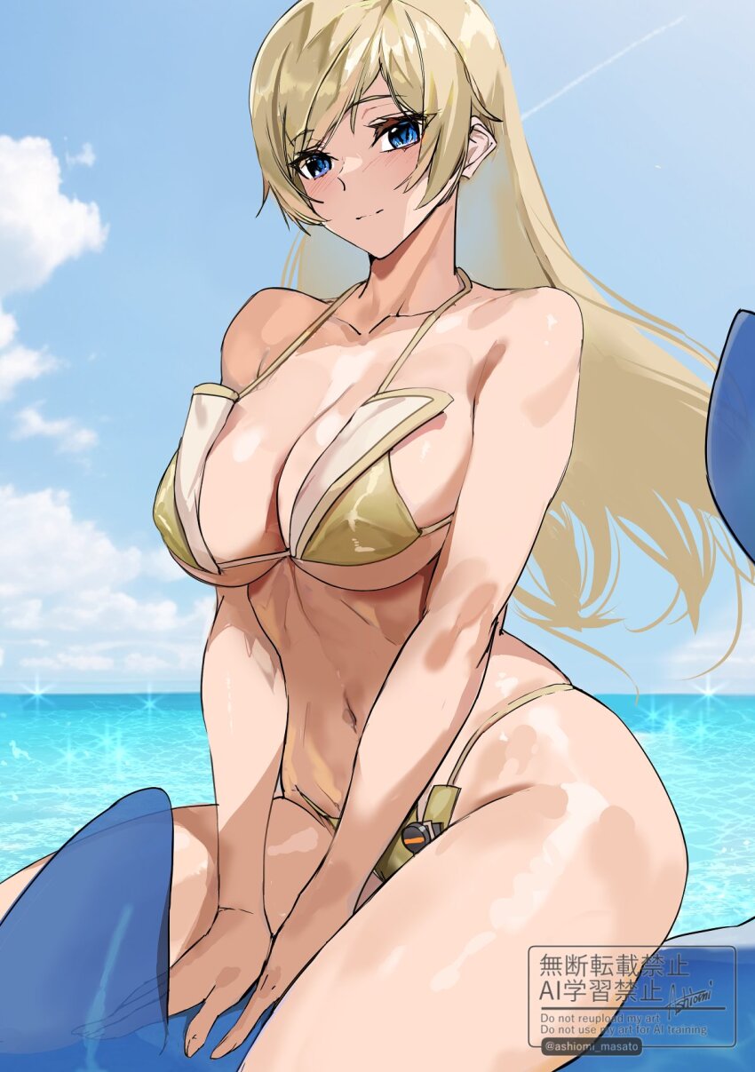 1girl absurdly_long_hair alternate_costume ashiomi_masato bikini blonde_hair blue_eyes breasts collarbone gold_bikini guilty_gear guilty_gear_strive highres large_breasts long_hair millia_rage navel ocean solo swimsuit very_long_hair water