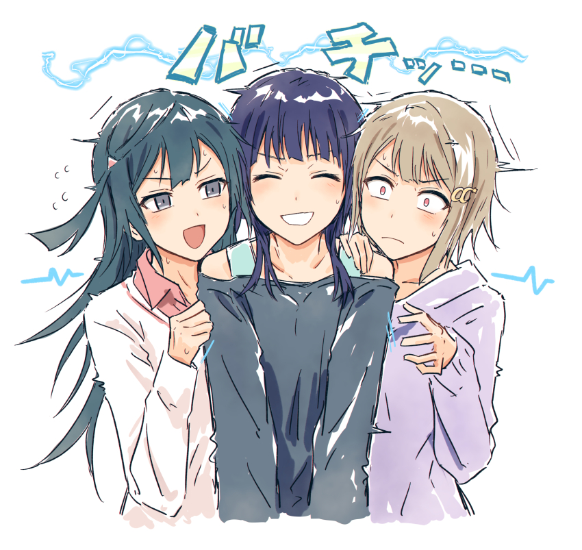 3girls :d ^_^ asaka_karin asymmetrical_hair bad_id bad_twitter_id black_hair bob_cut brown_hair bullfalk closed_eyes closed_mouth collarbone commentary_request crescent crescent_hair_ornament double-parted_bangs electricity flinch frown grey_eyes grey_shirt grin hair_ornament hairclip highres hood hoodie long_hair love_live! love_live!_nijigasaki_high_school_idol_club multiple_girls nakasu_kasumi off-shoulder_shirt off_shoulder one_side_up open_mouth pink_eyes pink_shirt purple_hair purple_hoodie sanpaku shirt short_hair smile static_electricity sweater translation_request v-shaped_eyebrows white_sweater yuki_setsuna
