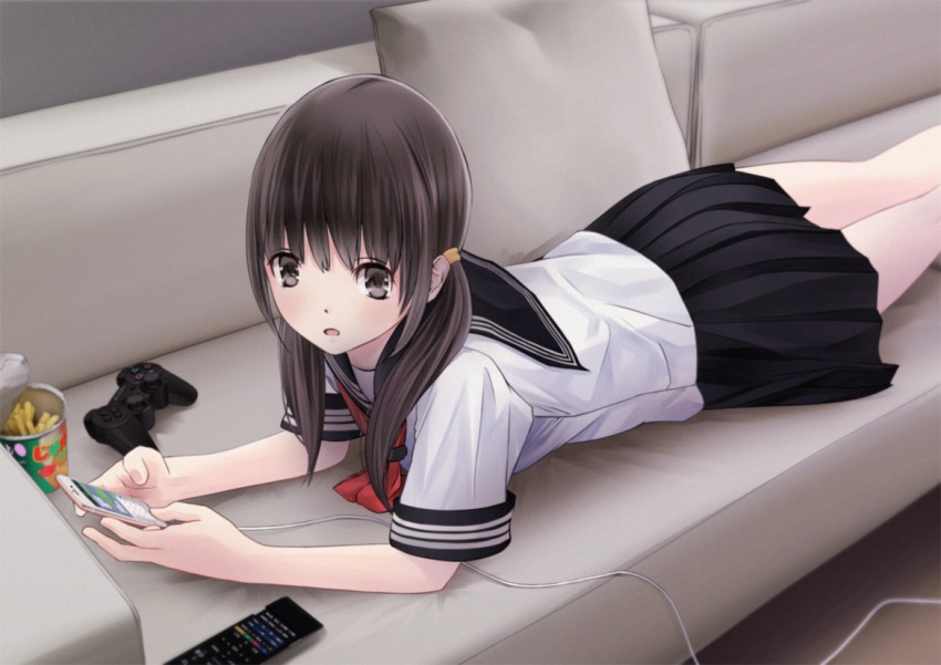 1girl bad_id bad_pixiv_id black_eyes black_hair cable can cellphone chikuwa_(glossymmmk) chikuwa_(odennabe) chips_(food) controller couch dualshock female_focus food game_controller gamepad md5_mismatch on_couch original phone playstation_controller pleated_skirt remote_control school_uniform serafuku short_sleeves skirt smartphone solo