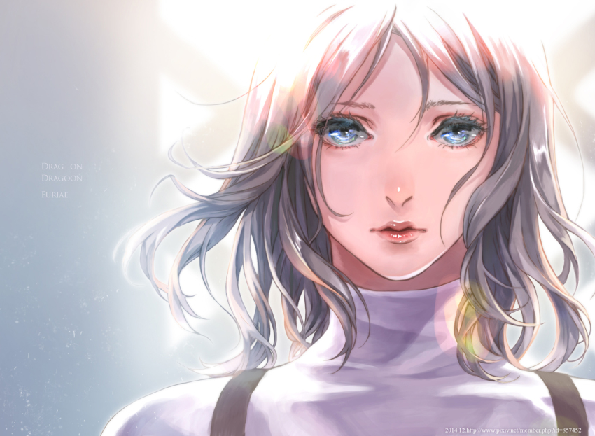 10s 1girl 2014 blue_eyes brown_hair character_name cocoon_(yuming4976) copyright_name drag-on_dragoon drag-on_dragoon_1 female_focus furiae looking_at_viewer portrait red_lips short_hair solo turtleneck watermark web_address