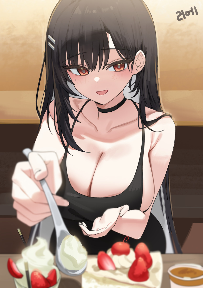 1girl absurdres armpit_crease artist_request bare_arms bare_shoulders black_choker black_dress black_hair blurry breasts check_artist choker cleavage commission depth_of_field dress food hair_ornament hairclip highres incoming_food large_breasts mole mole_under_eye multicolored_hair nogong open_mouth original parfait red_eyes rie_(mirae_yang) second-party_source sleeveless sleeveless_dress smile solo spaghetti_strap two-tone_hair white_hair