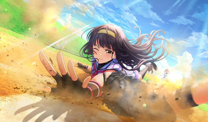 baseball baseball_base baseball_field baseball_glove baseball_uniform black_footwear black_gloves black_hair black_socks black_undershirt blunt_bangs blurry cinderella_series closed_mouth cloud depth_of_field dust_cloud dutch_angle field film_grain fingerless_gloves floating_hair flower flower_field game_cg gloves hachigatsu_no_cinderella_nine hairband highres light_particles light_rays long_hair motion_blur multiple_girls neckerchief non-web_source official_art one_eye_closed outdoors outstretched_arm pink_neckerchief playing_sports pleated_skirt reaching reaching_towards_viewer satogahama_baseball_uniform shirt shirt_under_shirt short_sleeves skirt sky sliding socks solo_focus sportswear striped_clothes striped_shirt sunbeam sunflower sunflower_field sunlight sweat tsukishima_yui_(hachigatsu_no_cinderella_nine) v-shaped_eyebrows vertical-striped_clothes vertical-striped_shirt wristband yellow_eyes yellow_hairband