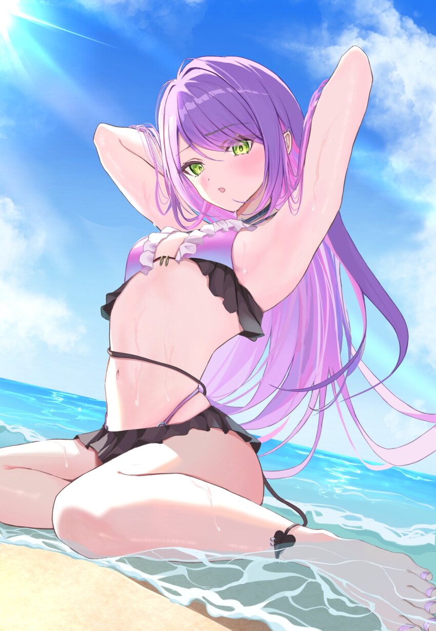 1girl absurdres armpits arms_up barefoot beach bikini bikini_skirt blue_sky blush breasts cloud colored_inner_hair commentary demon_girl demon_tail ear_piercing feet frilled_bikini frills gradient_hair green_eyes highres hololive multicolored_hair nail_polish navel open_mouth piercing pink_bikini pink_hair pointy_ears purple_hair sky small_breasts solo swimsuit tail toenail_polish toenails toes tokoyami_towa tsukkun_(ged45uokqjyex7p) virtual_youtuber water