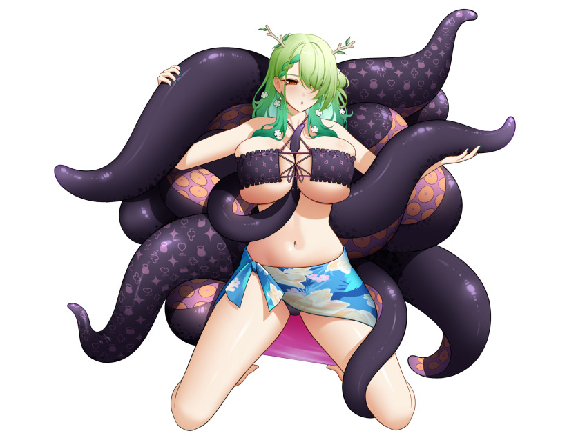 1girl :o absurdres antlers bikini braid braided_bangs branch breasts ceres_fauna commentary commission consensual_tentacles criss-cross_halter drey525 earrings english_commentary eyepatch_bikini floral_print_sarong flower front-tie_bikini_top front-tie_top green_hair hair_flower hair_ornament hair_over_one_eye halterneck highres hololive hololive_english horns jewelry kneeling large_breasts leaf long_hair mole mole_under_eye navel ninomae_ina&#039;nis parted_lips pixiv_commission purple_bikini simple_background solo swimsuit tentacles virtual_youtuber white_background white_flower yellow_eyes