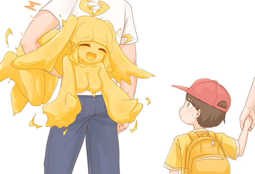 1girl ahoge backpack bag baseball_cap blush breasts brown_eyes brown_hair carrying carrying_under_arm closed_eyes colored_skin creature denim from_behind hanging_breasts happy hat highres hikyou_takarasou holding holding_hands jeans liquid_hair long_bangs long_hair medium_breasts monster monster_girl open_mouth original pants red_hat simple_background slime_(creature) slime_(substance) slime_girl twintails white_background yellow_skin