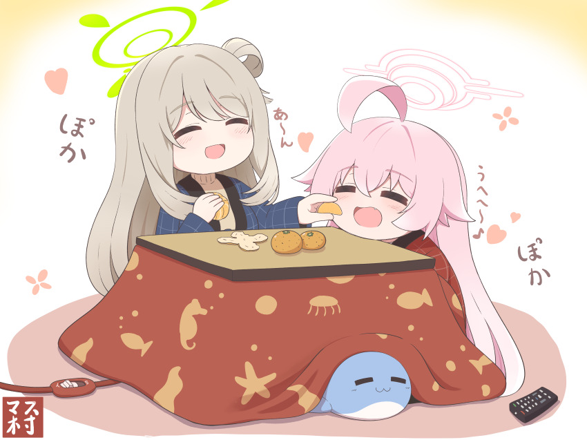 2girls absurdres artist_logo blue_archive blush closed_eyes controller eighth_note fang food fruit green_halo halo heart highres hoshino_(blue_archive) kotatsu light_brown_hair logo mandarin_orange master_m_489 multiple_girls musical_note nonomi_(blue_archive) open_mouth pink_hair pink_halo remote_control smile stuffed_animal stuffed_toy stuffed_whale table