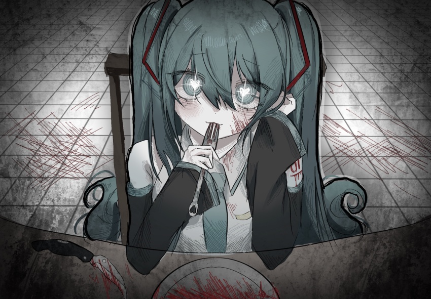 :3 aqua_eyes aqua_hair aqua_necktie bags_under_eyes bare_shoulders black_sleeves blood blood_on_clothes blood_on_face bloody_knife bright_pupils collared_shirt detached_sleeves fisheye fork glowing_pupils grey_shirt hair_between_eyes hatching_(texture) hatsune_miku heart heart-shaped_pupils highres holding holding_fork implied_cannibalism injury knife linear_hatching long_hair looking_at_viewer mo_(maretufa) muted_color necktie number_tattoo pale_skin plate shirt shoulder_tattoo sleeveless sleeveless_shirt symbol-shaped_pupils tattoo tile_floor tiles tsurime tucking_hair twintails very_long_hair vocaloid white_pupils yandere