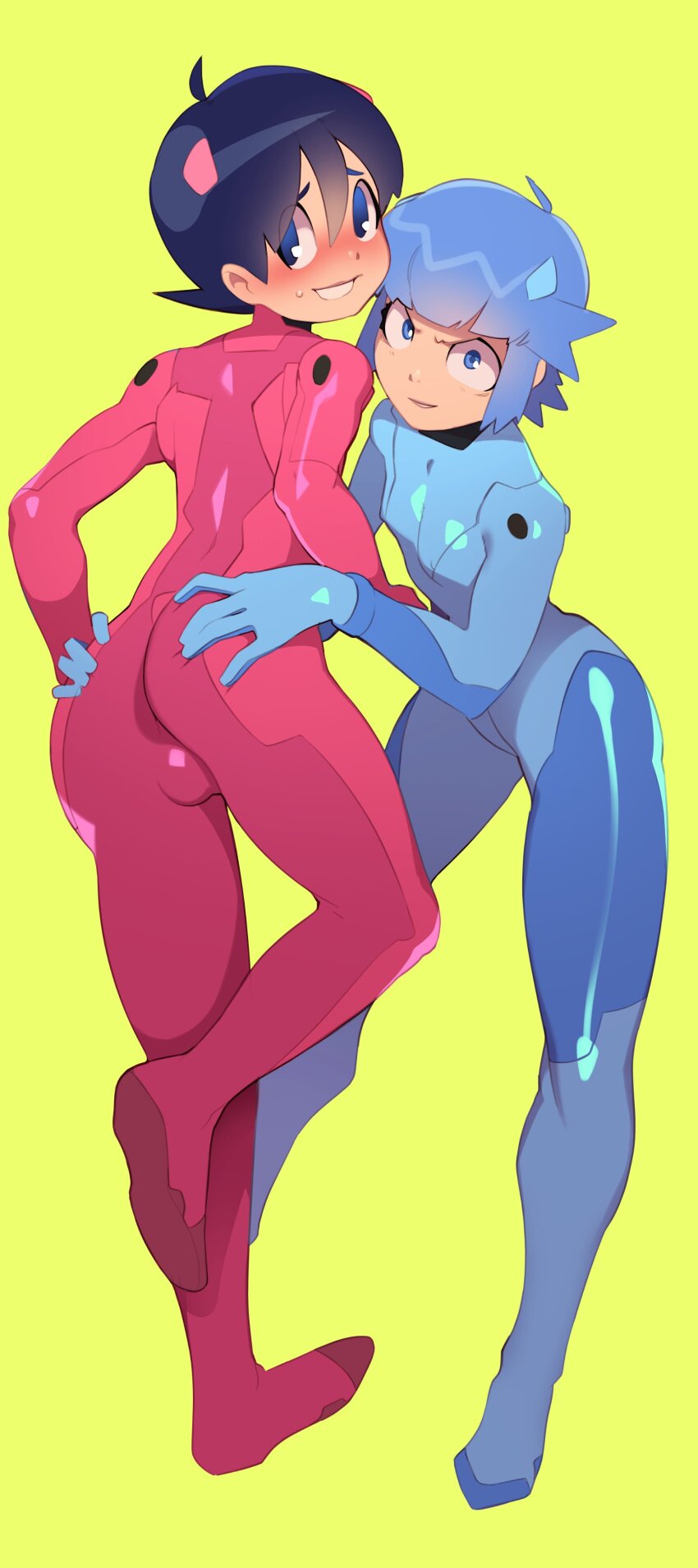 1boy 1girl absurdres ahoge ass ass_squeeze assisted_exposure blue_eyes blue_hair bodysuit breasts bulge combos_&amp;_doodles cosplay embarrassed glaring grabbing_another&#039;s_ass groping highres hinata_fuyuki interface_headset_(evangelion) keroro_gunsou looking_at_viewer looking_over_shoulder mecha_pilot_suit neon_genesis_evangelion nishizawa_momoka on_one_leg plugsuit_(evangelion) short_hair skin_tight small_breasts smile standing