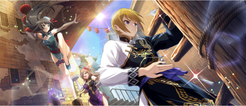 1boy 2girls :d ahoge armpit_crease black_dress black_gloves black_hair blue_dress blue_eyes blue_flower breasts brown_eyes brown_hair building changpao china_dress chinese_clothes cleavage cleavage_cutout closed_mouth clothing_cutout day dragon_print dress elbow_gloves floating_hair floral_print floral_print_dress flower from_below game_cg gloves green_eyes hair_between_eyes hair_flower hair_ornament hair_over_one_eye highleg highleg_dress highres holding holding_plate kono_subarashii_sekai_ni_shukufuku_wo! konosuba!_fantastic_days large_breasts lia_(konosuba) long_hair long_sleeves mandarin_collar medium_breasts mitsurugi_kyouya multiple_girls official_alternate_costume official_art open_mouth outdoors outstretched_arms plate purple_dress red_flower see-through_cleavage see-through_clothes serious short_hair side_slit sidelocks sleeveless sleeveless_dress smile stairs standing standing_on_one_leg sun sunlight thigh_strap training two-tone_dress v-shaped_eyebrows wavy_hair white_gloves wiz_(konosuba)