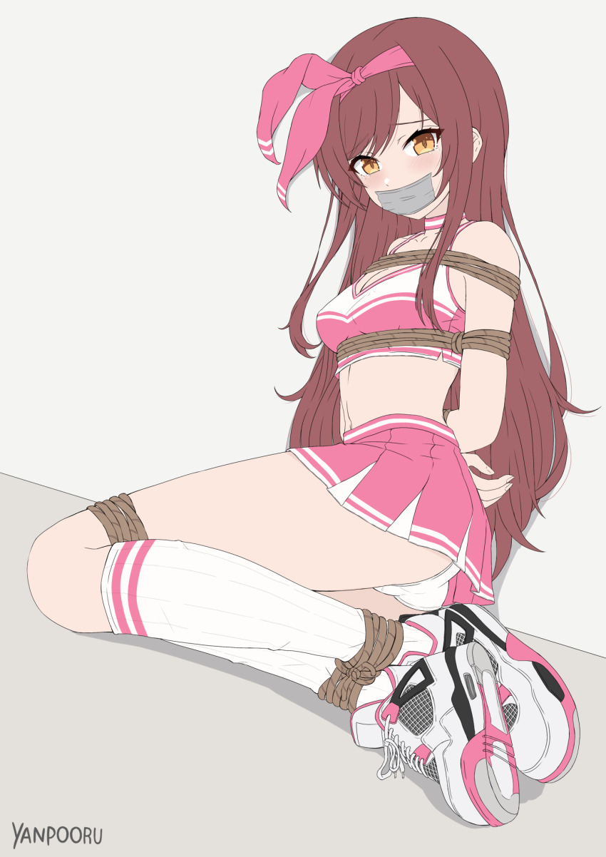 1girl arms_behind_back ass bare_shoulders bdsm blush bondage bound bound_ankles bound_arms bound_legs bound_thighs bound_torso bound_wrists breasts cheerleader choker crop_top gag gagged hair_ribbon highres idolmaster idolmaster_shiny_colors improvised_gag kneehighs long_hair looking_at_viewer medium_breasts midriff miniskirt navel osaki_amana panties pantyshot pink_choker pink_skirt pleated_skirt red_hair restrained ribbon rope shibari shibari_over_clothes shoes skirt sleeveless sneakers socks solo swept_bangs tape tape_gag tears underwear white_panties white_sneakers white_socks yanpooru yellow_eyes