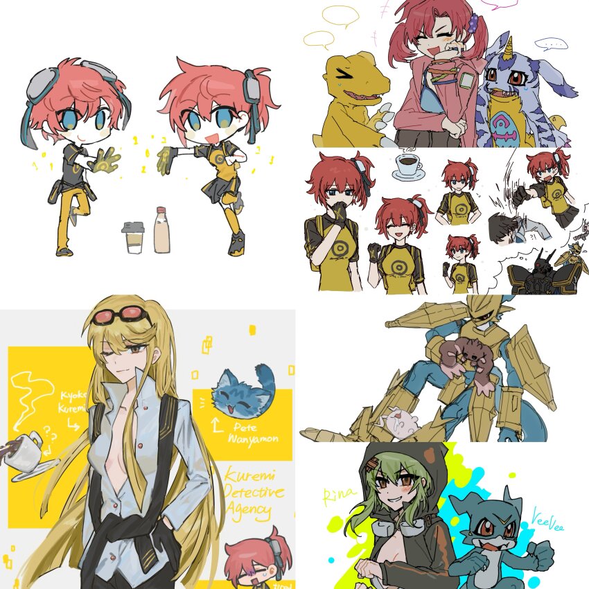 absurdres agumon aiba_ami aiba_takumi alphamon black_eyes blonde_hair coffee_mug cup digimon digimon_story:_cyber_sleuth gabumon glasses_on_head highres kuremi_kyouko long_hair lopmon magnamon mug sanada_arata shiramine_nokia tokomon v-mon wanyamon