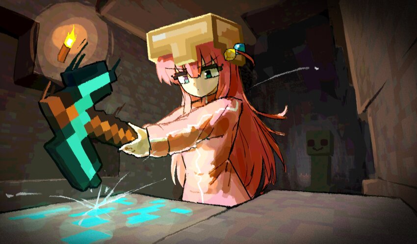 1girl absurdres blue_eyes bocchi_the_rock! creeper cube_hair_ornament diamond_(minecraft) dragonostic gotoh_hitori hair_between_eyes hair_ornament highres jacket long_hair long_sleeves minecraft minecraft_(style) minecraft_pickaxe mining pickaxe pink_hair solo track_jacket