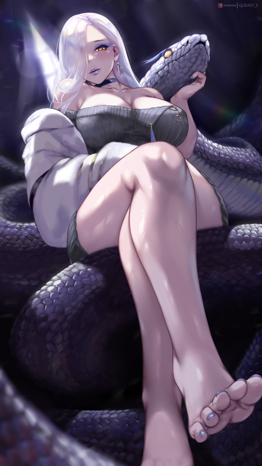1girl absurdres animal bare_shoulders barefoot blush breasts cleavage collarbone crossed_legs dark_background earrings fate/grand_order fate_(series) feet full_body giant_snake hair_over_one_eye highres jewelry large_breasts long_hair long_sleeves looking_at_viewer mrs._snake_(fate) off_shoulder one_eye_covered oversized_animal parted_lips patreon_username queasy_s sitting smile snake solo thighs toes white_hair yellow_eyes