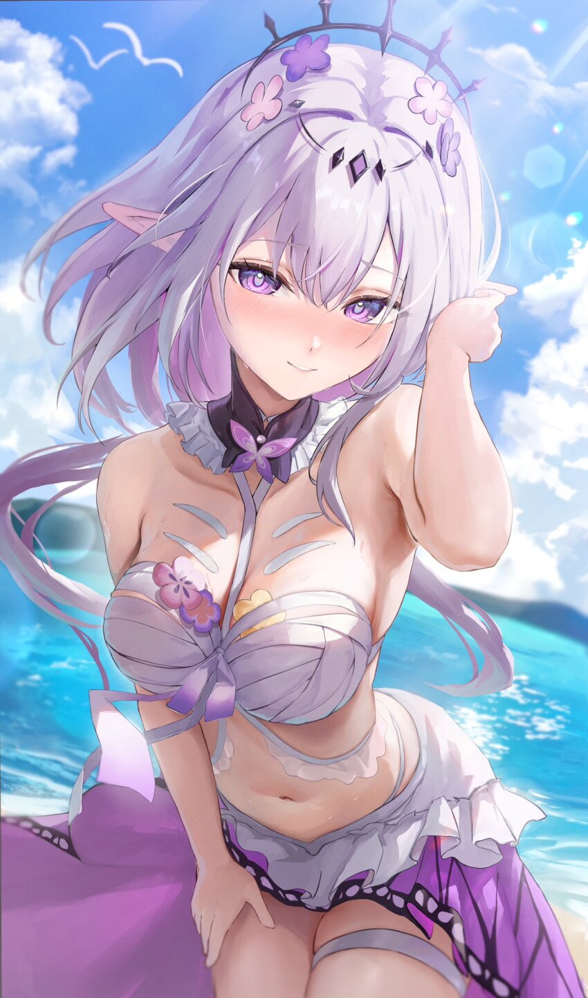 1girl bikini black_tiara blue_sky breasts castorice_(honkai:_star_rail) cleavage cloud commentary_request flower hair_flower hair_ornament highres honkai:_star_rail honkai_(series) large_breasts long_hair navel ocean otabaaa outdoors pointy_ears purple_eyes purple_hair purple_sarong sand sarong sky smile solo stomach swimsuit thighs tiara white_bikini