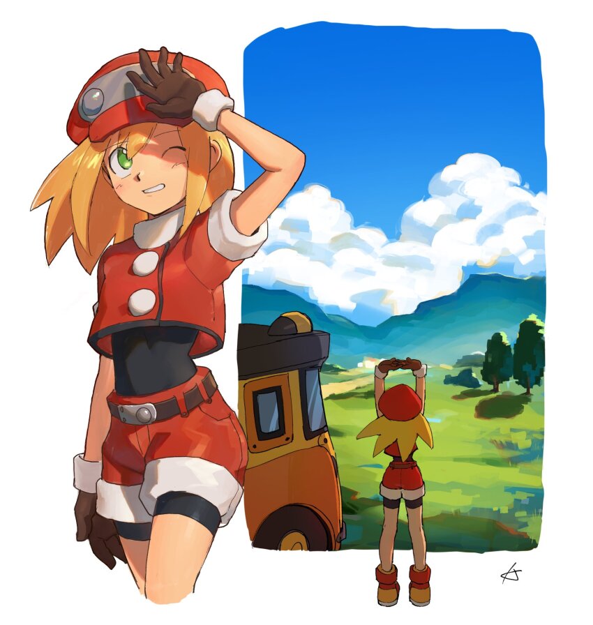 1girl black_bodysuit blonde_hair bodysuit brown_gloves newsboy_cap cloud cowboy_shot cropped_jacket gloves grass green_eyes hat highres jacket karen_(karenoni1031) medium_hair mega_man_(series) mega_man_legends_(series) multiple_views nature one_eye_closed outdoors red_hat red_jacket red_shorts roll_caskett_(mega_man) shorts sky