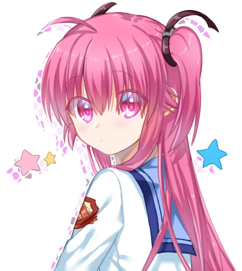 1girl angel_beats! blue_sailor_collar blush bright_pupils closed_mouth commentary_request drop_shadow eyes_visible_through_hair from_behind hair_between_eyes hair_over_shoulder highres long_hair looking_at_viewer looking_back pink_eyes pink_hair sailor_collar shinda_sekai_sensen_uniform shirt sidelocks simple_background solo star_(symbol) star_in_eye symbol_in_eye two_side_up upper_body white_background white_shirt yui_(angel_beats!) zuzuhashi