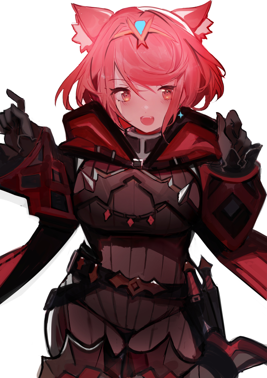 1girl absurdres alternate_costume animal_ear_fluff animal_ears belt blush bob_cut breasts cape cat_ears cosplay gloves highres long_sleeves looking_at_viewer nia_(xenoblade) nia_(xenoblade)_(cosplay) open_mouth pyra_(xenoblade) red_eyes red_hair simple_background skin_tight smile solo swept_bangs sword tarbo_(exxxpiation) weapon white_background xenoblade_chronicles_(series) xenoblade_chronicles_2
