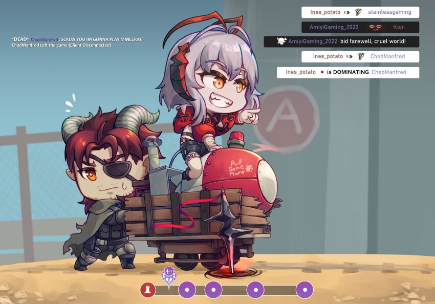1boy 1girl absurdres antenna_hair arknights brown_hair cart chibi crop_top demon_horns eyepatch grey_hair grin highleg highleg_panties highres hoederer_(arknights) horns jacket mine_cart nuclear_weapon orange_eyes panties pushing red_jacket riding smile team_fortress_2 thokuma underwear w_(arknights) wis&#039;adel_(arknights)