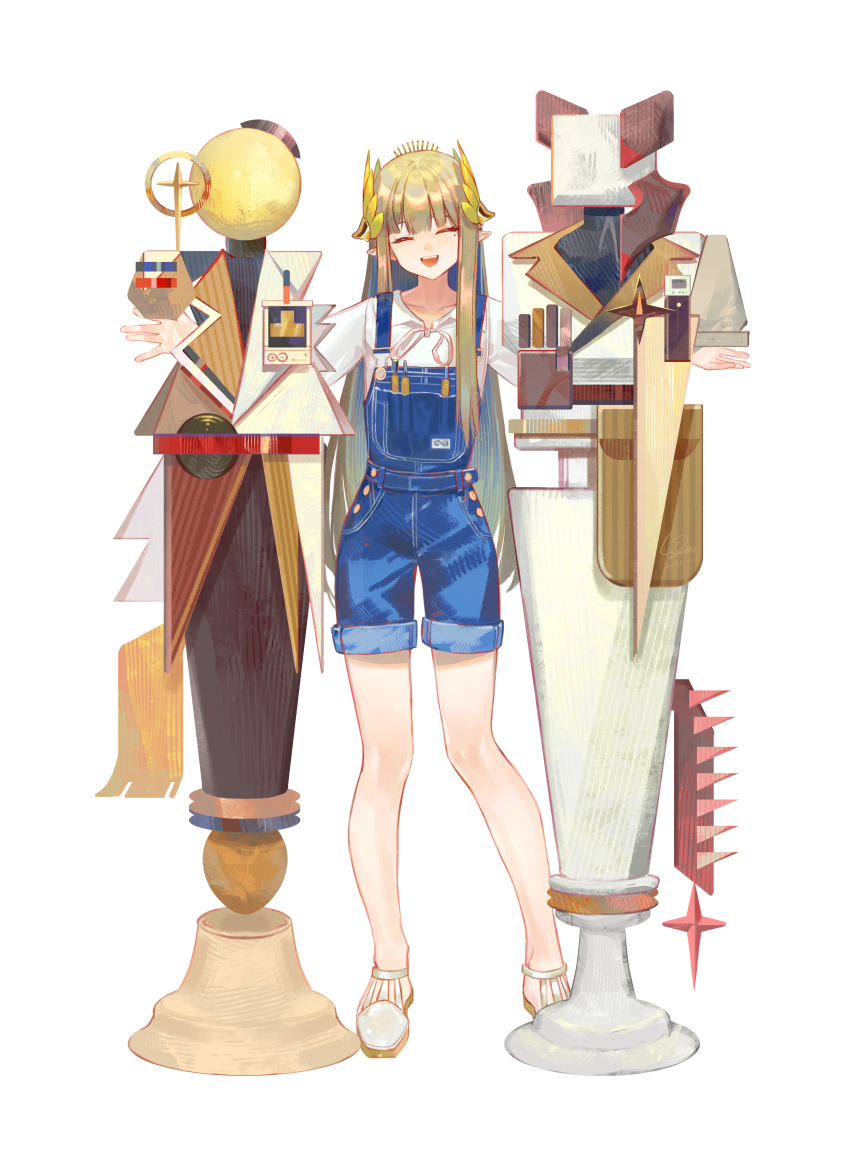 1girl ^_^ abstract absurdres arknights blue_hair brown_hair closed_eyes colored_inner_hair commentary denim denim_shorts elf english_commentary facing_viewer full_body highres kristen_(arknights) laurel_crown long_hair lyuqiu mole mole_under_eye muelsyse_(arknights) multicolored_hair open_mouth outstretched_arms overall_shorts overalls pointy_ears sandals saria_(arknights) shirt shoes shorts solo spread_arms statue teeth upper_teeth_only very_long_hair white_shirt white_shoes