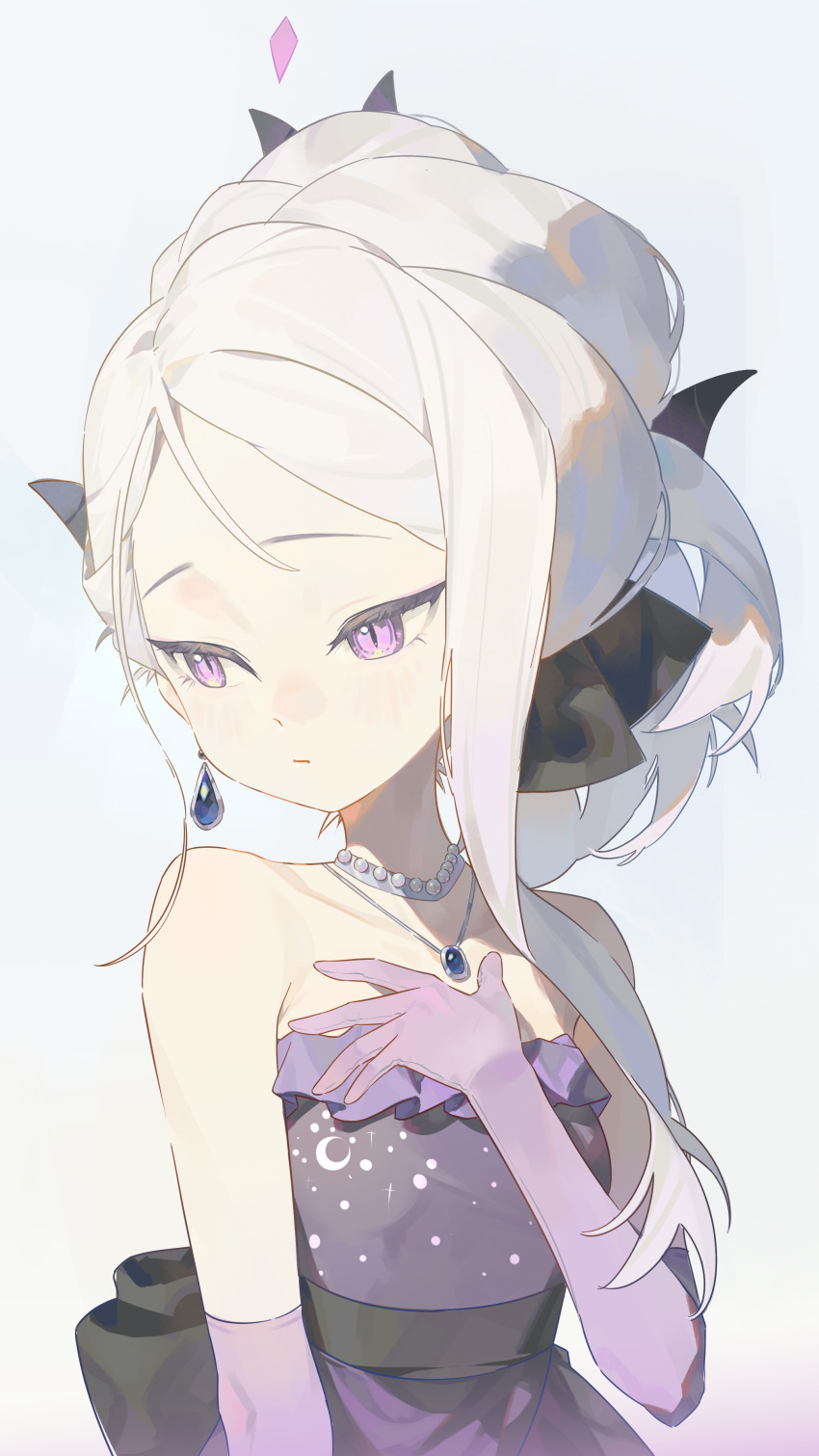 1girl absurdres blue_archive blush breasts dress earrings gloves halo highres hina_(blue_archive) hina_(dress)_(blue_archive) jewelry long_hair necklace pendant purple_dress purple_eyes purple_gloves simple_background small_breasts solo white_hair zidu_(9478296)