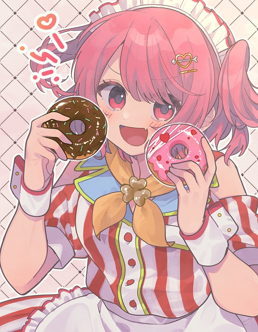 1girl :d apron argyle_background arrow_through_heart blush buttons clothing_cutout collared_shirt commentary_request donut dotabata_cafe_rec!!_(project_sekai) dress employee_uniform fang food frilled_apron frills hair_ornament hairclip hands_up heart heart_hair_ornament highres holding holding_donut holding_food kawa_donburako looking_at_viewer maid_headdress momoi_airi multicolored_shirt neckerchief notice_lines official_alternate_costume official_alternate_hair_length official_alternate_hairstyle open_mouth orange_neckerchief outline pink_eyes pink_hair project_sekai red_dress red_skirt shirt short_hair short_sleeves shoulder_cutout skirt smile solo striped_clothes striped_shirt striped_skirt two_side_up upper_body vertical-striped_clothes vertical-striped_shirt waist_apron waitress white_background white_dress white_outline white_skirt white_wrist_cuffs wrist_cuffs