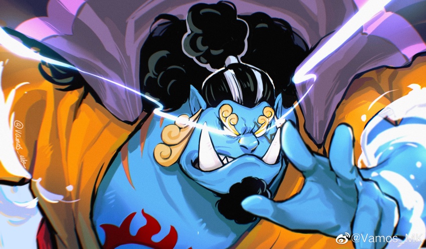 1boy absurdres black_hair blue_skin clenched_teeth colored_skin eye_trail facial_hair goatee hair_bun highres japanese_clothes jinbe_(one_piece) kimono light_trail male_focus one_piece orange_kimono pointy_ears sharp_teeth solo sun_symbol sun_tattoo tan teeth tusks v-shaped_eyebrows vamos_mk