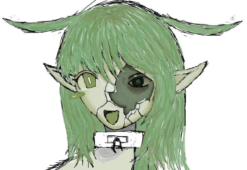 1girl antenna_hair black_souls black_souls_2 bright_pupils broken_mask chain chain_leash choker collar colored_skin green_eyes green_skin grey_hair hair_over_eyes happy highres leaf_(black_souls) leash looking_at_viewer mask medium_hair open_mouth pointy_ears single_sidelock smile solo white_background white_choker white_collar white_pupils yearnforblood
