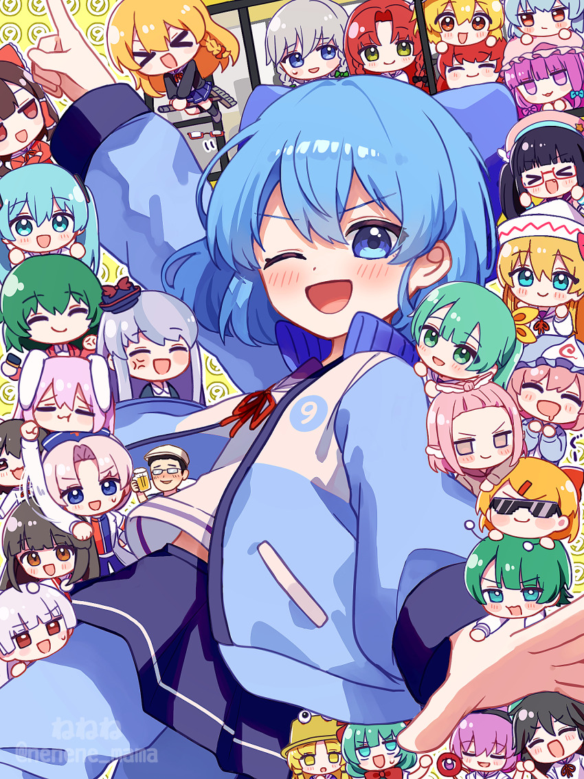 1boy 6+girls anger_vein animal_ears aqua_eyes aqua_hair beat_mario_(vtuber) black_hair blue_eyes blue_hair blue_jacket blue_skirt braid brown_hair chibi cirno closed_eyes crossover daiyousei flandre_scarlet frog_hat fujiwara_no_mokou glasses green_eyes green_hair grey_hair hakurei_reimu hat hatsune_miku highres hong_meiling houraisan_kaguya inaba_tewi indie_virtual_youtuber izayoi_sakuya jacket kagiyama_hina kamishirasawa_keine kazami_yuuka kirisame_marisa koakuma komeiji_satori lily_white moriya_suwako multiple_girls mystia_lorelei nene_man open_mouth patchouli_knowledge pink_hair rabbit_ears red_eyes reisen_udongein_inaba reiuji_utsuho remilia_scarlet rumia saigyouji_yuyuko shirt short_hair skirt smile third_eye touhou vocaloid white_hair white_hat white_shirt wriggle_nightbug yagokoro_eirin zun