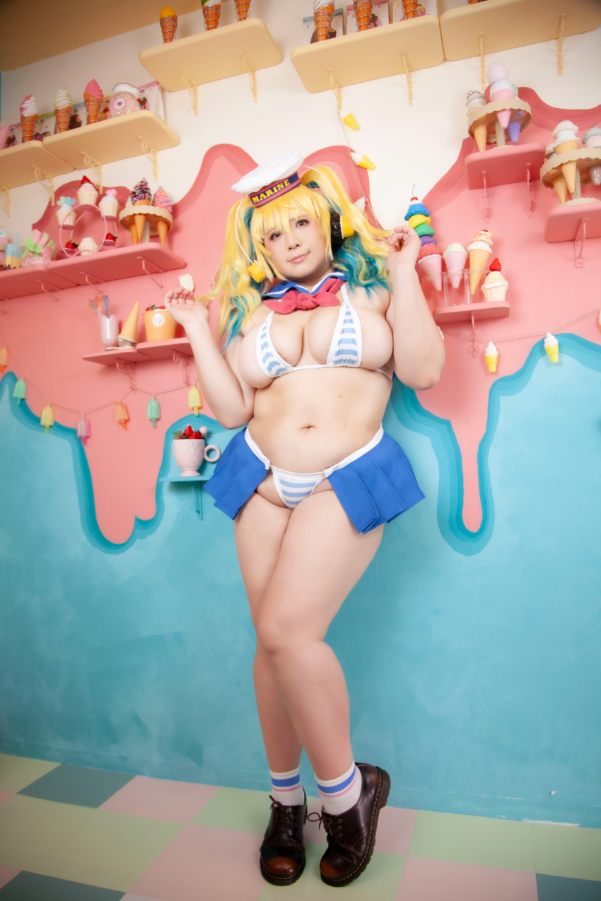 1girl asian blonde_hair breasts chouzuki_maryou cosplay female_focus food highres ice_cream lipstick makeup nitroplus photo_(medium) plump solo super_pochaco super_pochaco_(cosplay) thick_thighs thighs