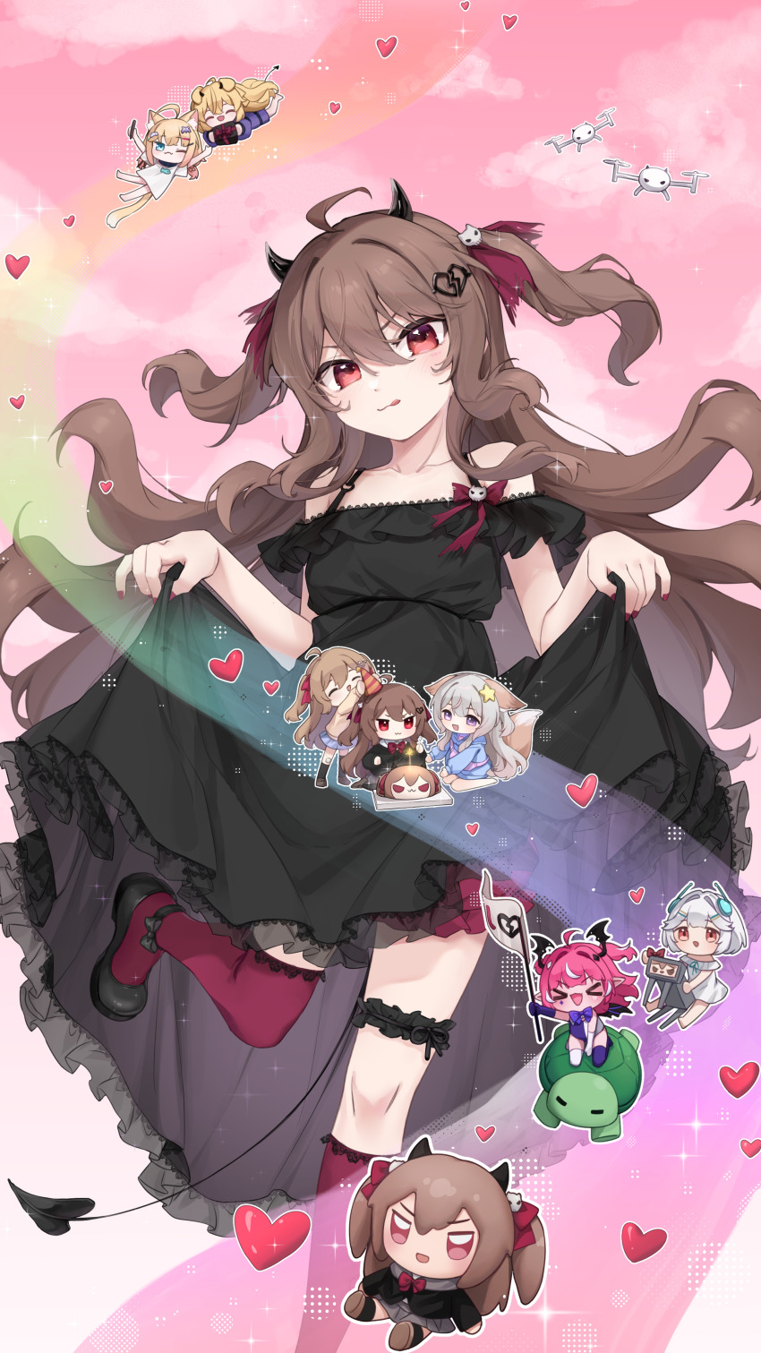 1boy 6+girls :3 :d absurdres ahoge alternate_costume annytf black_dress black_ribbon black_shoes blush bow broken_heart_hair_ornament brown_hair camila_(vtuber) cerber_(vtuber) chinese_commentary clothes_lift cloud commentary_request demon_horns demon_tail dress drone ellie_minibot evil_neuro-sama foot_out_of_frame frilled_dress frilled_thigh_strap frills fumo_(doll) hair_between_eyes hair_ornament hairclip halftone heart highres horns indie_virtual_youtuber lace lace-trimmed_dress lace-trimmed_socks lace-trimmed_thighhighs lace_trim leg_ribbon long_hair minikomew multiple_girls neuro-sama open_mouth pink_background red_bow red_eyes red_nails red_ribbon red_socks red_thighhighs ribbon shoes single_sock single_thighhigh skirt skirt_lift skull_hair_ornament smile socks spaghetti_strap sparkle standing standing_on_one_leg swarm_drone_(neuro-sama) tail tanoki233 thigh_strap thighhighs torn_hair_ribbon torn_ribbon turtle two_side_up vedal987 virtual_youtuber
