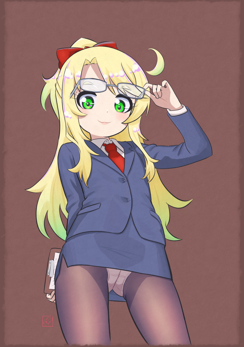 1girl absurdres arm_behind_back artist_logo blonde_hair blue_skirt blue_suit blush brown_background brown_thighhighs clipboard closed_mouth collared_shirt cropped_legs elementary_(lolipope) flat_chest formal_clothes from_below gradient_hair green_eyes hair_ribbon highres himesaka_noa holding holding_clipboard holding_removed_eyewear lips logo long_hair looking_down multicolored_hair necktie office_lady panties panties_under_pantyhose pantyhose red_necktie red_ribbon ribbon shirt simple_background skirt smile solo suit thighhighs underwear unworn_eyewear watashi_ni_tenshi_ga_maiorita! white_panties white_shirt