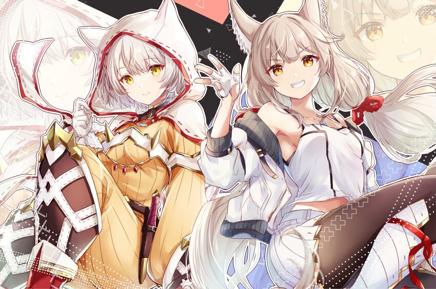 2girls animal_ears breasts camisole cat_ears chest_jewel cosplay costume_switch facial_mark gloves grey_hair highres hood hood_up jacket long_hair long_sleeves looking_at_viewer mio_(xenoblade) mio_(xenoblade)_(cosplay) mother_and_daughter multiple_girls nia_(blade)_(xenoblade) nia_(xenoblade) nia_(xenoblade)_(cosplay) pantyhose puffy_sleeves short_hair skirt small_breasts smile tank_top twintails ui_frara very_long_hair white_camisole white_jacket white_skirt white_tank_top xenoblade_chronicles_(series) xenoblade_chronicles_2 xenoblade_chronicles_3 yellow_eyes
