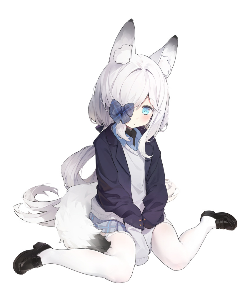 1girl animal_ears azur_lane black_shoes blazer blue_bow blue_eyes blue_jacket blue_shirt blue_skirt blush bow chinese_commentary closed_mouth collared_shirt commentary_request fox_ears fox_girl fox_tail hair_bow hair_over_one_eye highres jacket kasumi_(at_school_with_foo)_(azur_lane) kasumi_(azur_lane) kasumi_1118 layered_sleeves long_hair miniskirt official_alternate_costume pantyhose plaid_bow plaid_clothes plaid_skirt school_uniform shirt shoes skirt sleeves_past_wrists solo sweater tail white_pantyhose white_sweater