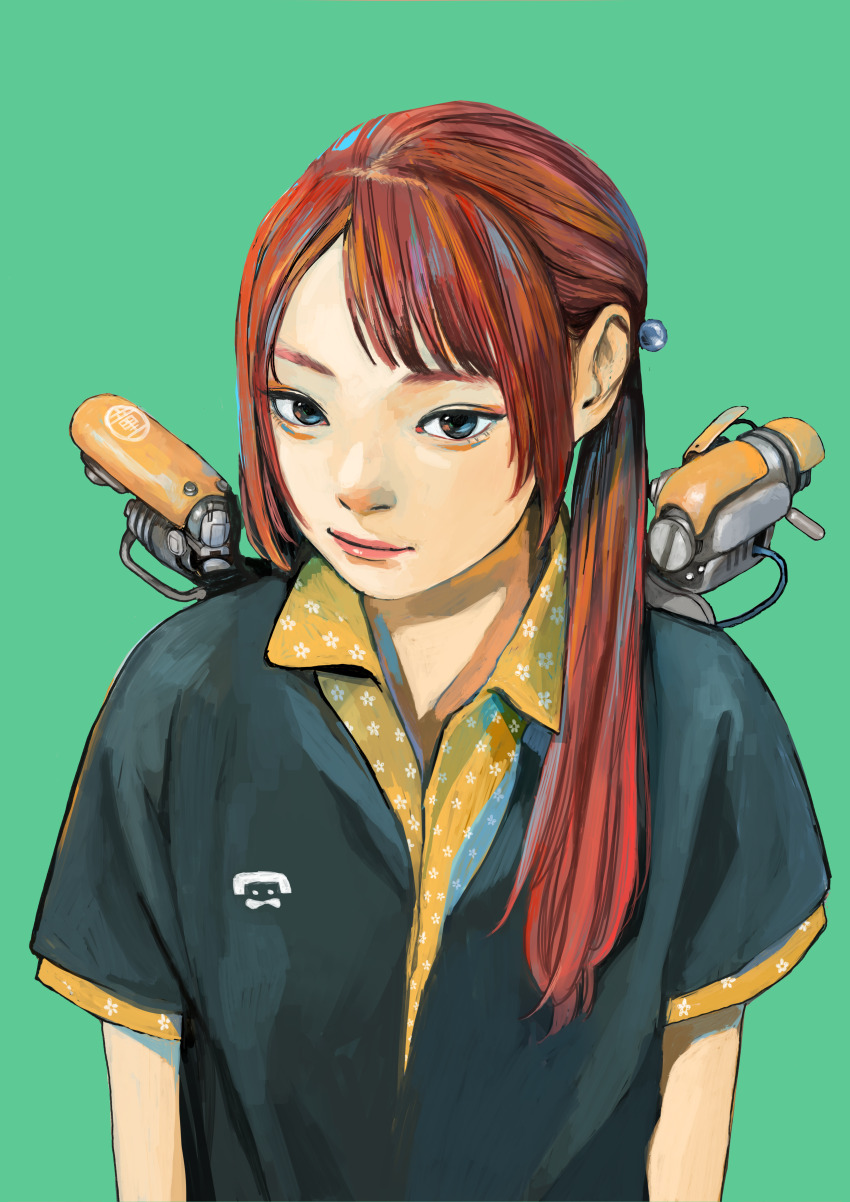 1girl absurdres black_shirt brown_hair closed_mouth collared_shirt green_background hair_ornament highres junjunforever lips long_hair looking_at_viewer original polo_shirt ponytail red_hair shirt short_sleeves simple_background solo upper_body